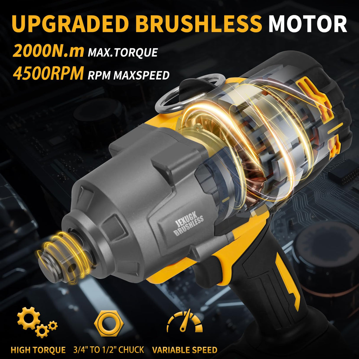 JEXUGK 2000Nm Cordless Impact Gun, 3/4" To 1/2" 2 x 6.0AH Battery Heavy High Torque Impact Wrench, 1500Ft-lbs Brushless Eléctrica Pistola de Impacto, Power Llave de Impacto for Truck Mower Car Repair JEXUGK