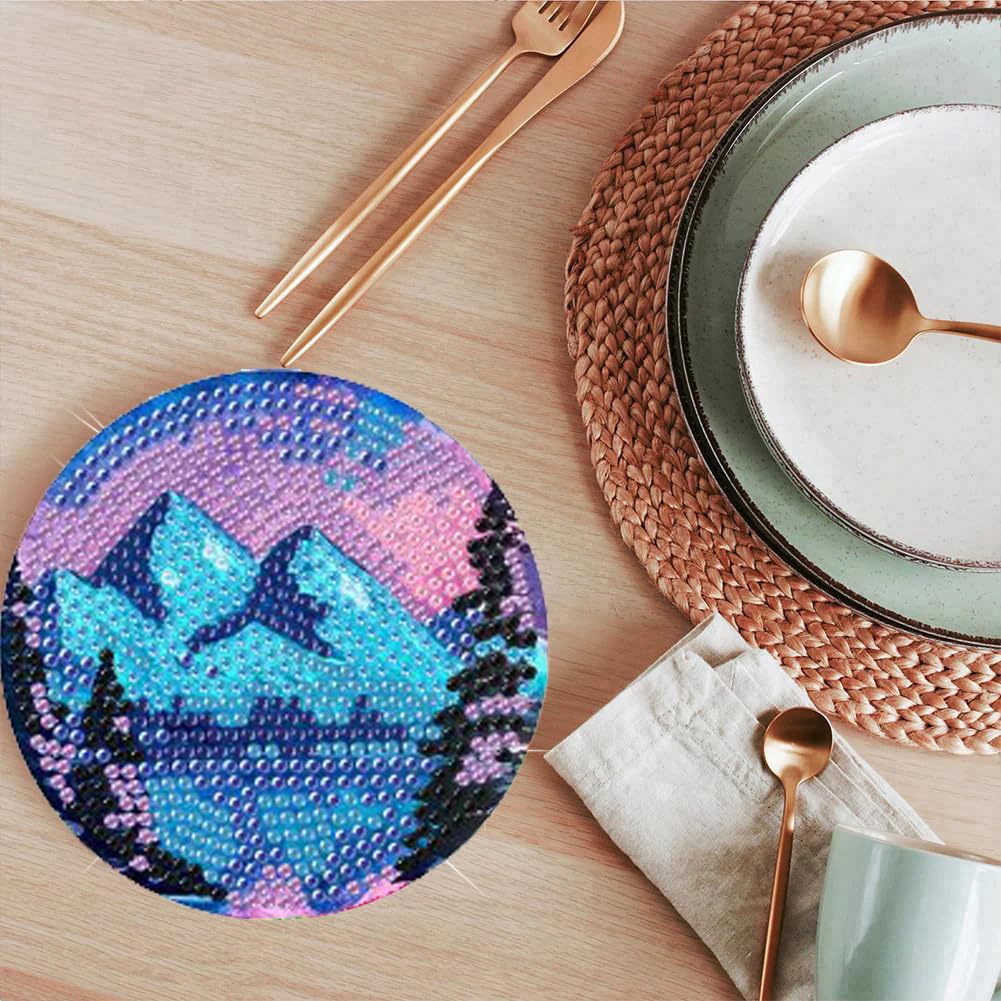 ijbnhd Sunsets Diamond Painting Coasters Kits, 8 Pieces Sunsets Diamond Art Coasters with Holder, DIY Art kit for Beginners 4X4inch (Cork Wooden Pad) ijbnhd