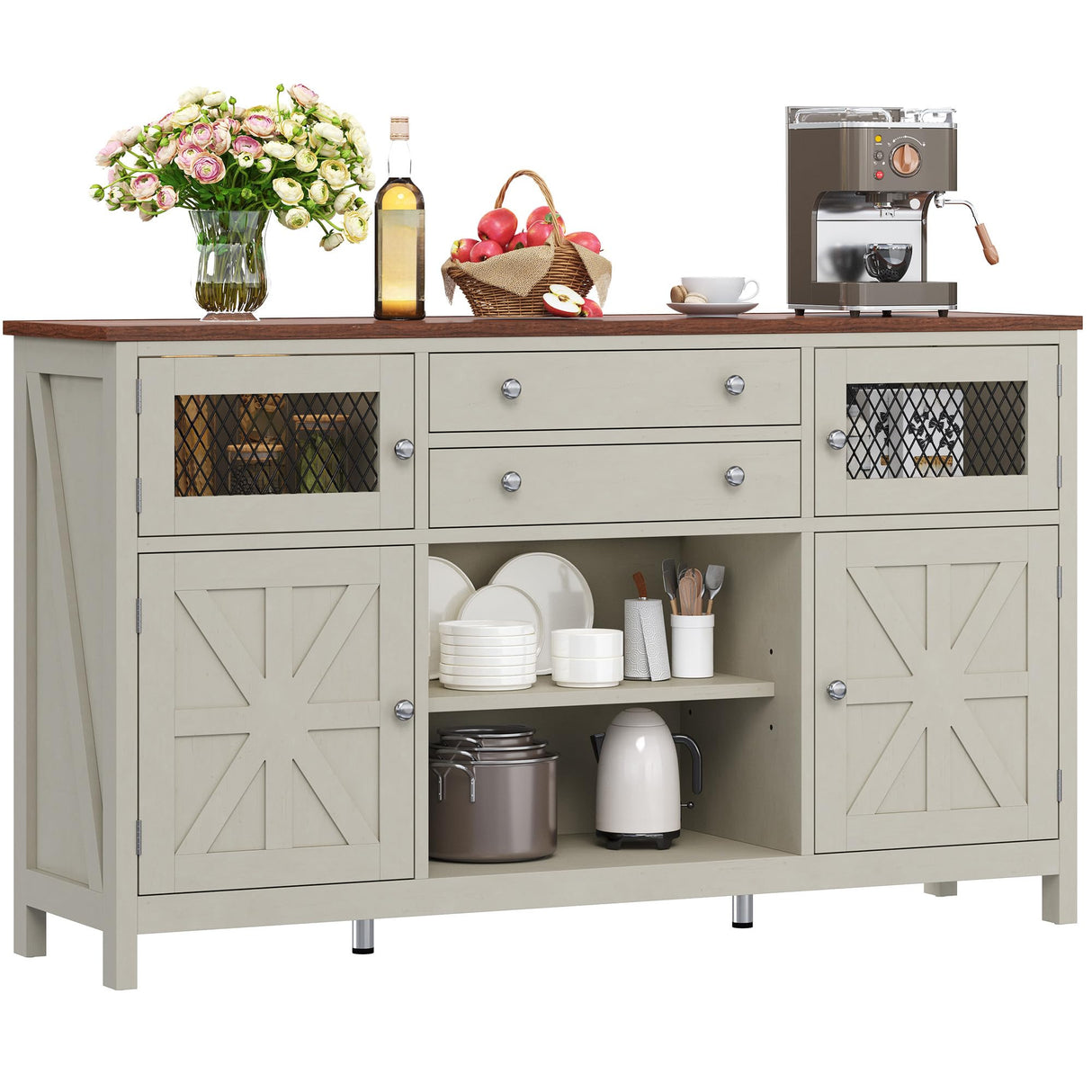 DWVO Farmhouse Buffet Cabinet with Storage, 59" Kitchen Coffee Bar Cabinet, 2 Large Drawers, Visual Grid Door, Storage Shelves for Kitchen & Living Room, Antique White DWVO