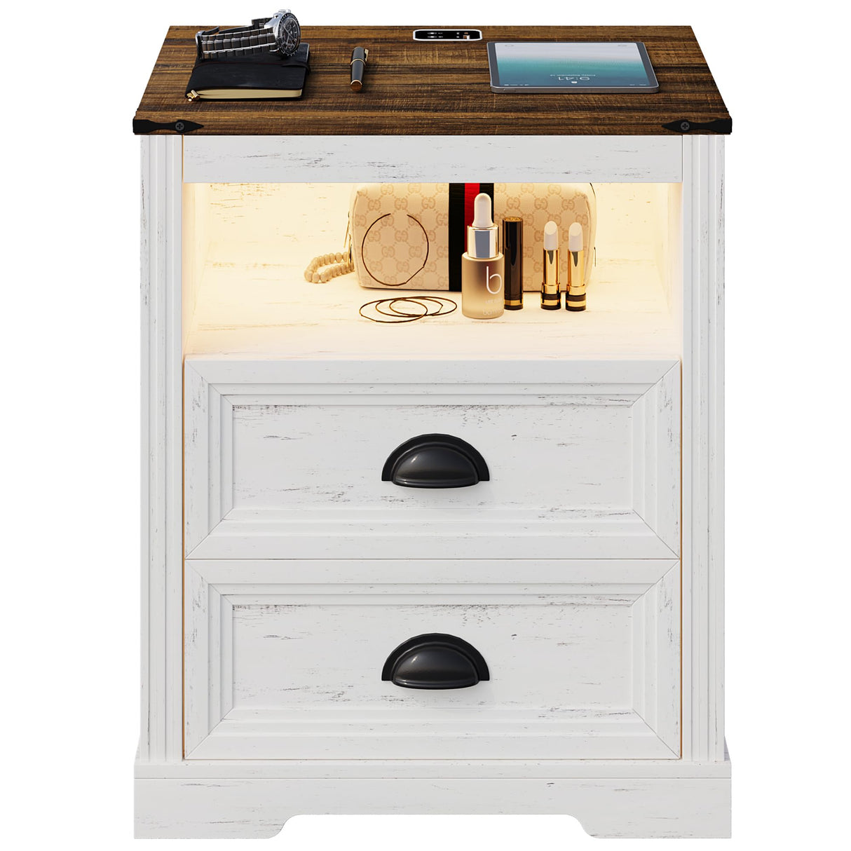 FONTOI Farmhouse Nightstand, End Table with Drawers, Nightstand with Charging Station, Bedside Table with 3 LED Lights Modes, Wood Nightstand with Smart Human Sensor for Bedroom, Brown & White FONTOI