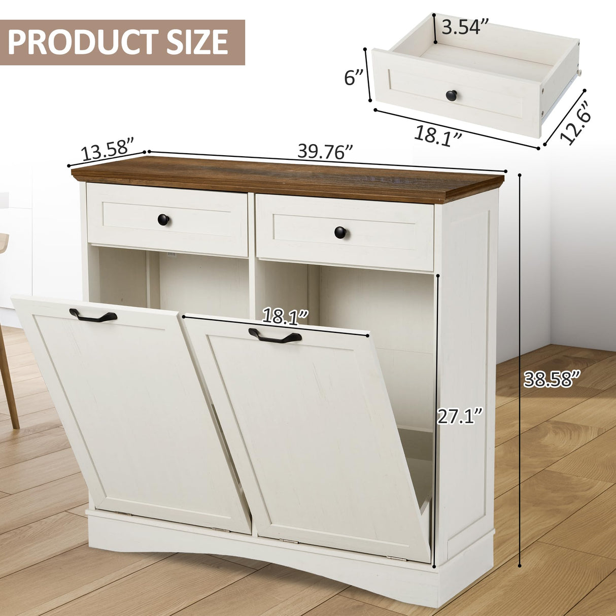 AHB Double Tilt Out Trash Cabinet Freestanding Kitchen Trash Cabinet, 2x13 Gallons Hidden Garbage Recycling Cabinet with Hideaway Drawers Pet Proof Trash Can for Kitchen Living Room, Antique White AHB