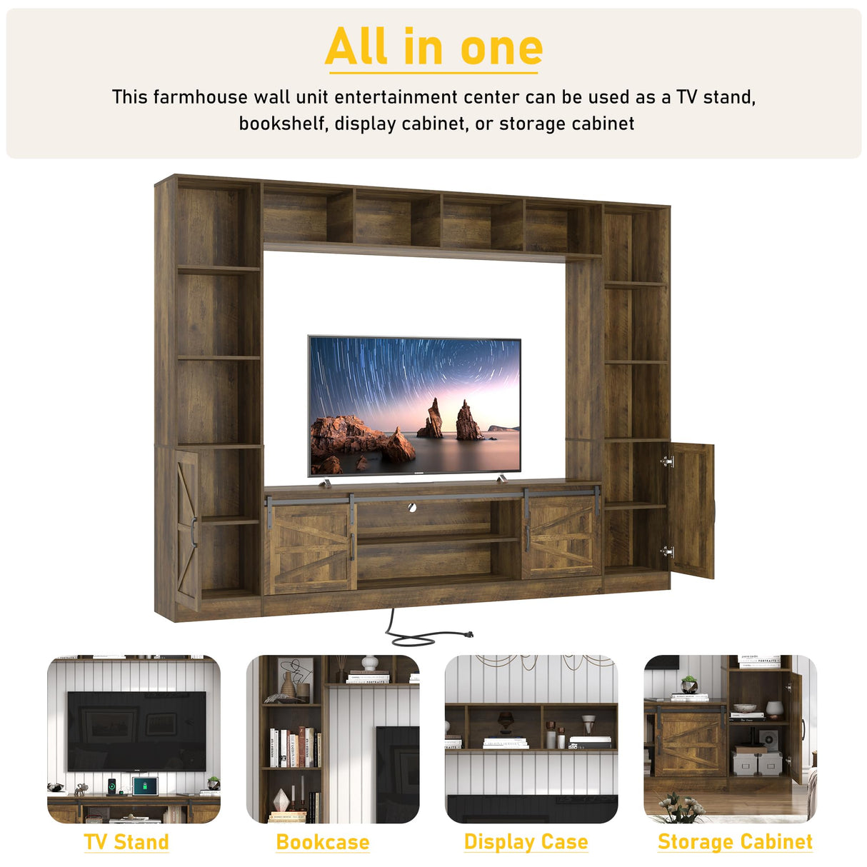 jiteentarou 103" Large Wall Unit TV Stand with Storage, Farmhouse Entertainment Center with Bookshelves for TVs up to 80", Wall Unit TV Stand with Power Outlets, TV Stands for Living Room, Brown jiteentarou