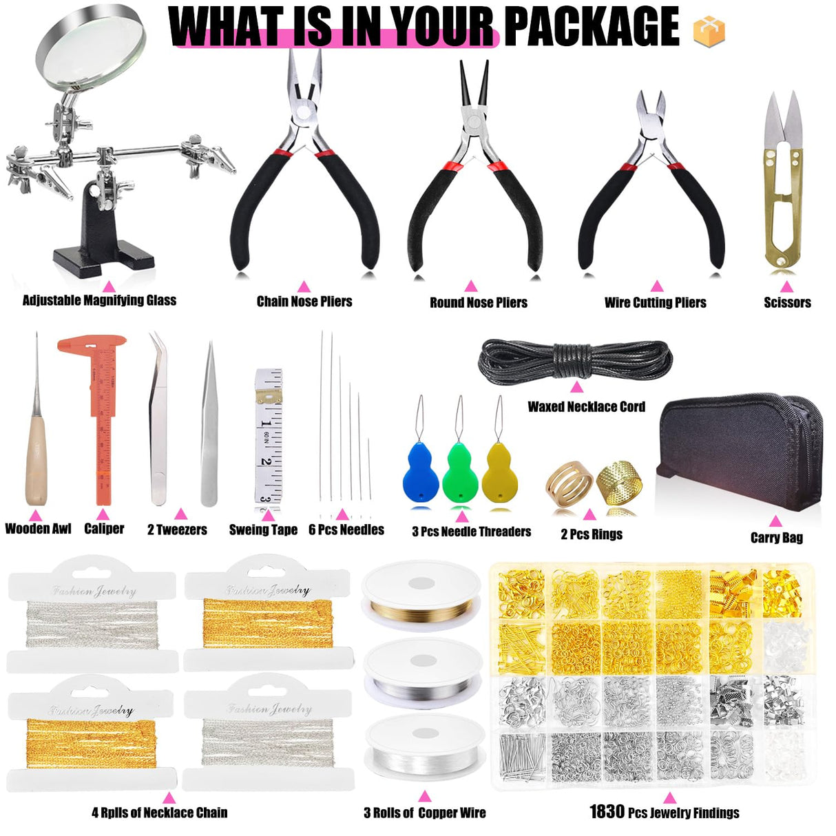 MONVICT Jewelry Making Supplies Kit with Jewelry Making Tools, Findings, Necklace Chain, Jewelry Wires, Adjustable Magnifier, Carry Bag, Meet All The Needs of Jewelry Making, Repair, Beading MONVICT