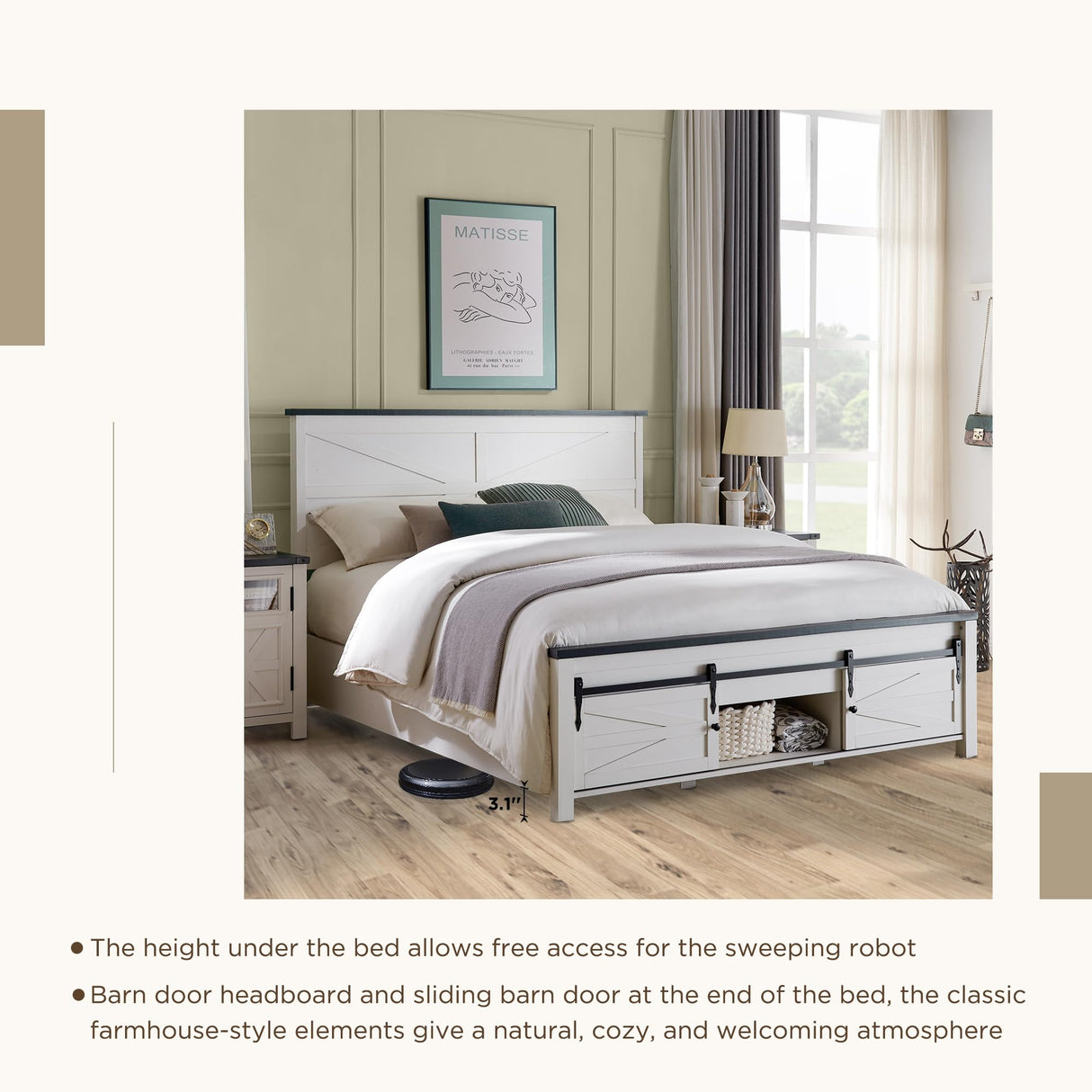 Farmhouse Queen Bed Frame with Sliding Barn Door Storage and Headboard by JXQTLINGMU JXQTLINGMU