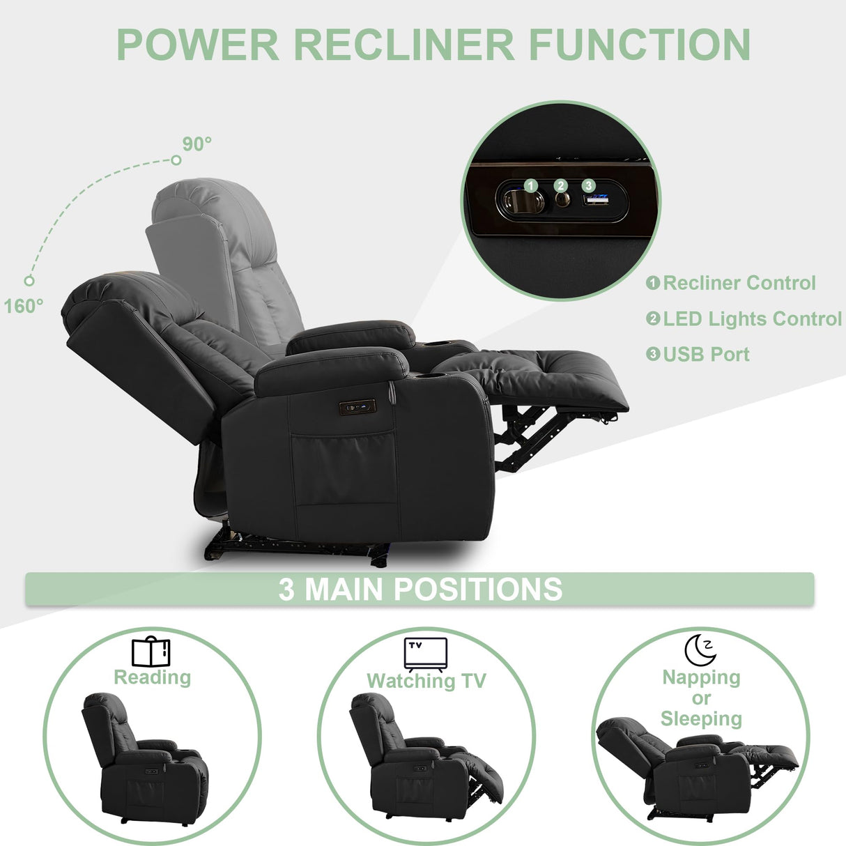 TUNYI Power Recliner Chair with Massage & Heat, Faux Leather Reclining Sofa with LED Light, Home Recliner Theater Seating with USB Port/Lumbar Pillow/Cup Holder/Side Pocket (Black, 1PC) TUNYI