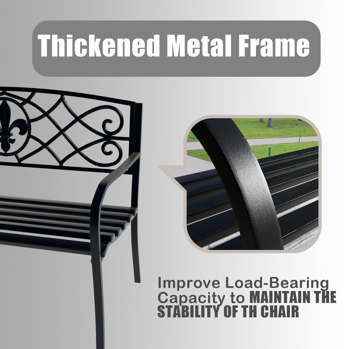 JMGJOY Classic Wrought Iron Outdoor Bench, Metal Weatherproof Garden Bench with Ergonomic Backrest and Armrests, for Patio, Porch, Park, Lawn JMGJOY