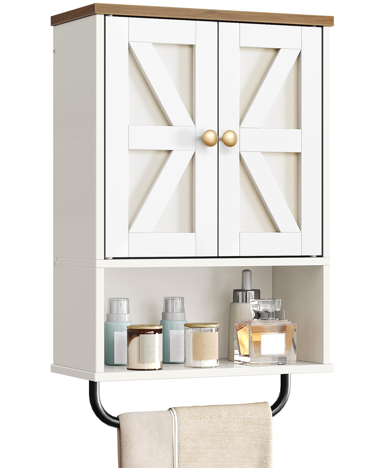 CHOEZON Bathroom Wall Cabinet, Medicine Cabinet with Open Partition and Towel Bar, Rustic Storage Cabinet with Open and Hidden Storage Space, for Bathroom, Living Room, Kitchen, White and Walnut CHOEZON