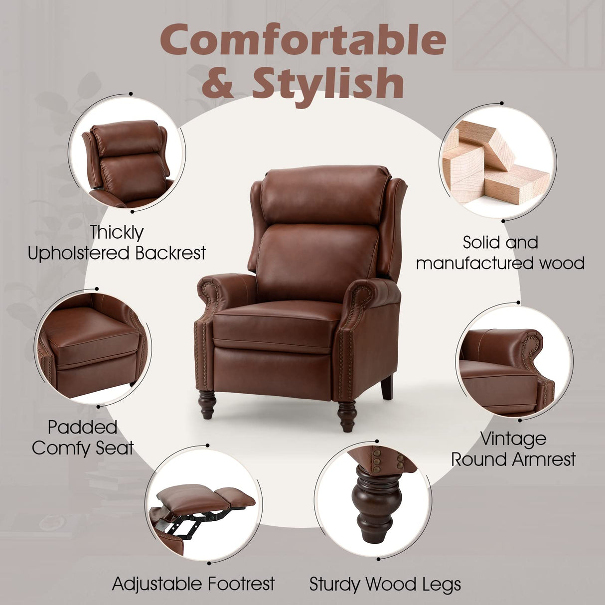HULALA HOME Genuine Leather Recliner Chair, Traditional Manual Pushback Comfy Seating for Living Room, Thick Cushion & Solid Wood Legs, Wingback Recliner with Nailhead Trim, Brown HULALA HOME