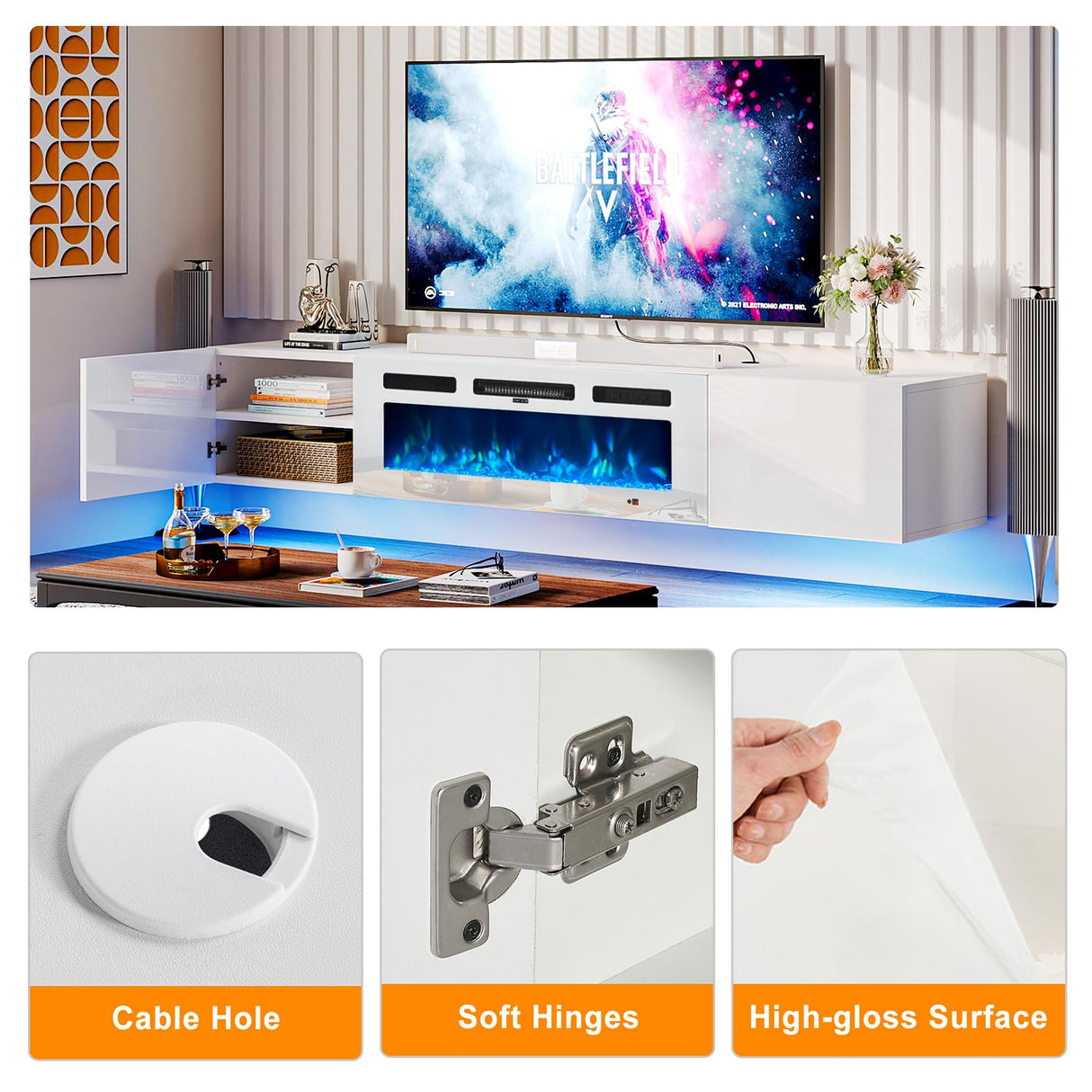 Breezestival 70" Floating TV Stand with 36" Electric Fireplace, Wall Mounted Fireplace TV Stand with Two Hinged Doors, Entertainment Center with LED Lights for Living Room, Bedroom, White Breezestival