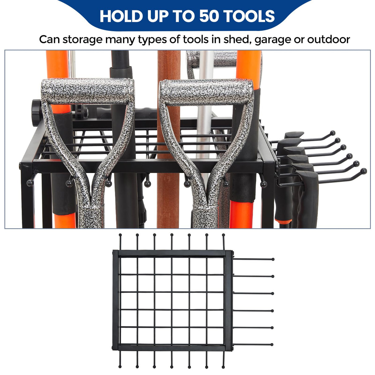 Garden Tool Organizer for Garage, Yard Tools Organizer with 2-tier Metal Shelve, Garage Tool Rack Hold Up to 50 Tools, Garden Tool Storage, Heavy Duty Steel, Yard Tool Holder for Garage, Shed, Outdoor Kingarage