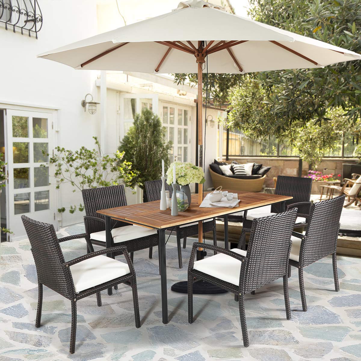 Tangkula 7 Pieces Patio Dining Set, Acacia Wood Wicker Dining Furniture Set with Sturdy Steel Frame & Umbrella Hole, Outdoor Dining Table Chair Set with Removable Cushions for Backyard, Garden Tangkula
