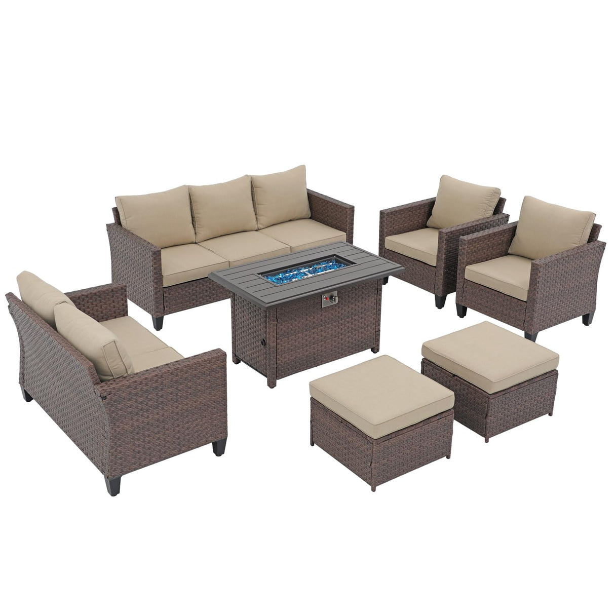 SUNSITT Outdoor Patio Furniture Set with Fire Pit Table 7 Piece Wicker Conversation Set with 43in Propane Firepit Sectional Dining Set 3 Seat Sofa Couch with Ottoman, Brown Wicker & Beige Cushion SUNSITT