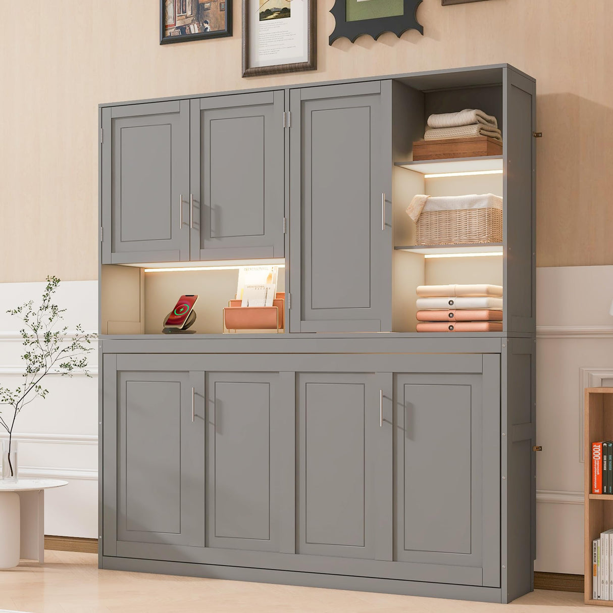 SOFTSEA Twin Horizontal Murphy Bed with Storage Shelves, Foldable Wall Bed with LED Light & Charging Stations, Space-Saving for Living Room, Guest Room, Bedroom, Office, Grey SOFTSEA