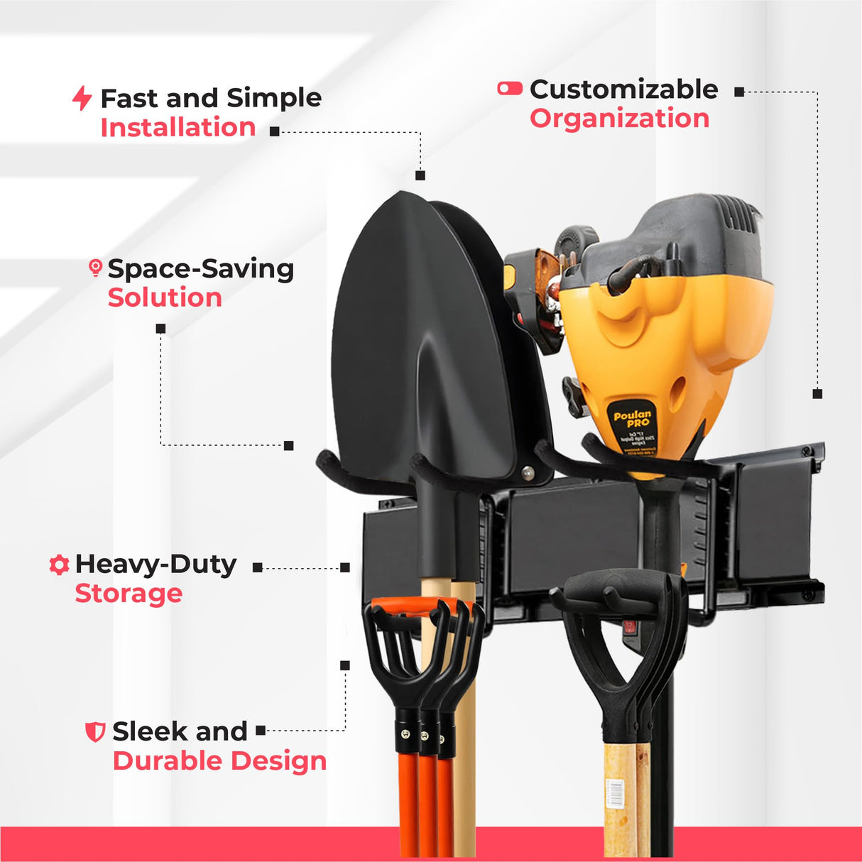 Garage Wall Organizer | 64" Heavy-Duty Tool Storage Rack | Adjustable Double-Layer Hooks | 400 lbs Capacity | Carbon Steel Wall Mount Holder for Shovels, Rakes, Ladders & Power Tools TIDYME
