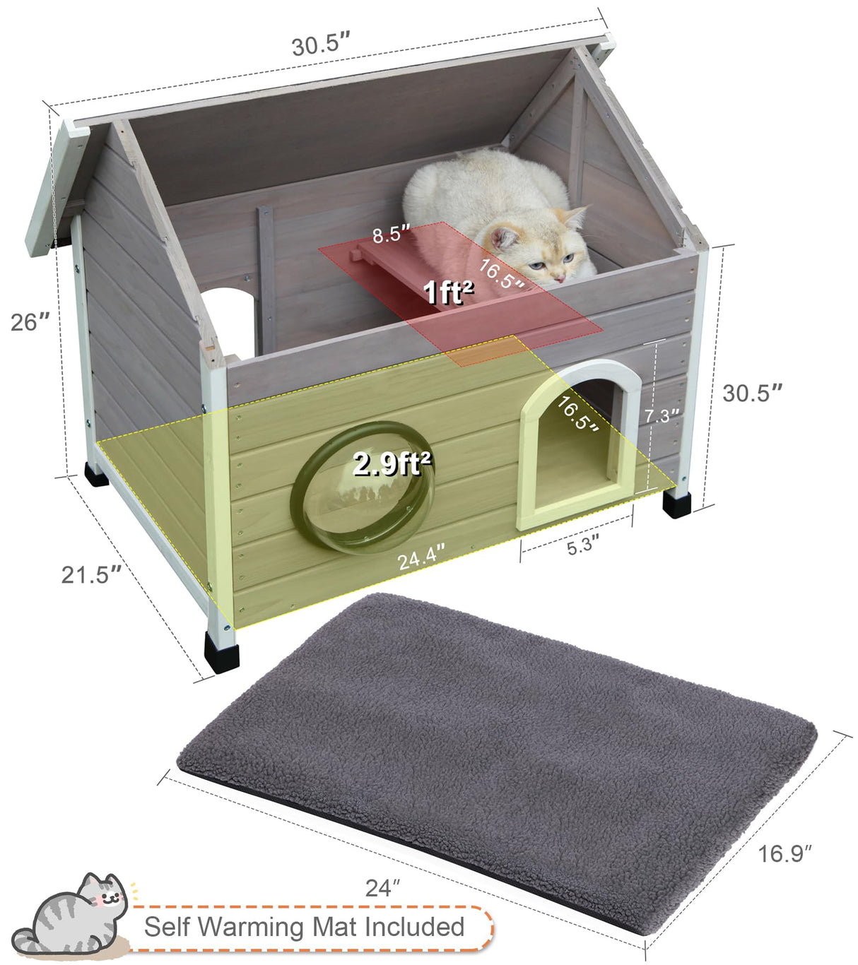 Rockever Outdoor Cat House, Feral Cat House Outdoor Weatherproof with Escape Door and Clear Windows for 2 Cats(with Self Warming Mat Rockever