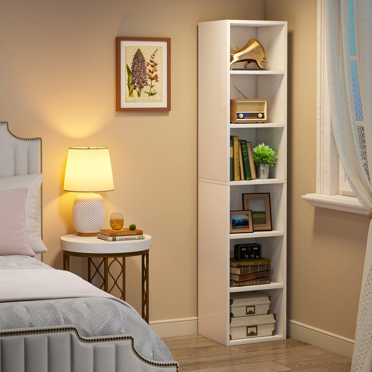 LITTLE TREE 70.9 Inch Tall Narrow Bookcase, Corner Bookshelf 6 Tier Cube Display Shelf Storage Organizer for Small Space, White LITTLE TREE