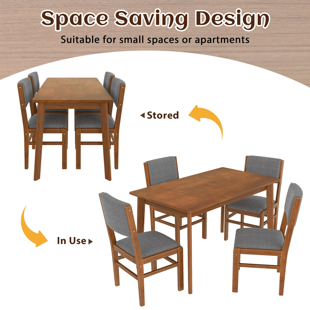 Merax 5 Piece Rectangle Wooden Dining Table Set, Mid Century Modern Tables and 4 Upholstered Wood Chairs for Kitchen, Home, Saving Space, Brown+Gray Merax