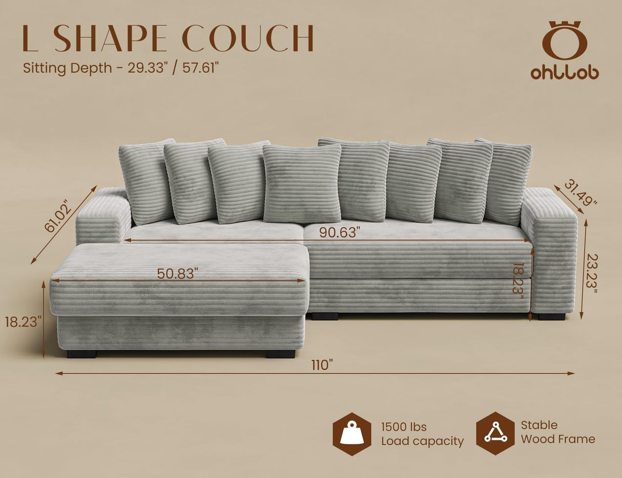 ohllob 110" Modular Sectional Sofa, L Shaped Couch with Chaise Lounge, Fluffy Corduroy Cloud Couch with Deep Seat for Living Room (Light Grey) ohllob