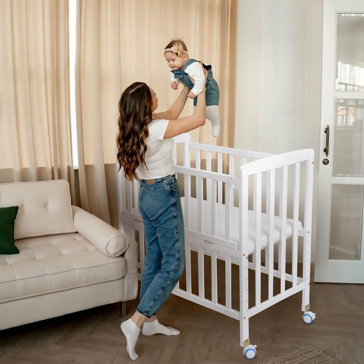 Flwrgirl Baby Bassinets Bedside Sleeper - Pine Wood Bassinet Bedside Sleeper,6 Heights Bedside Bassinet for Baby,Co Sleeper for Baby in Bed with Mattress,Baby Bedside Bassinet Crib,White Flwrgirl