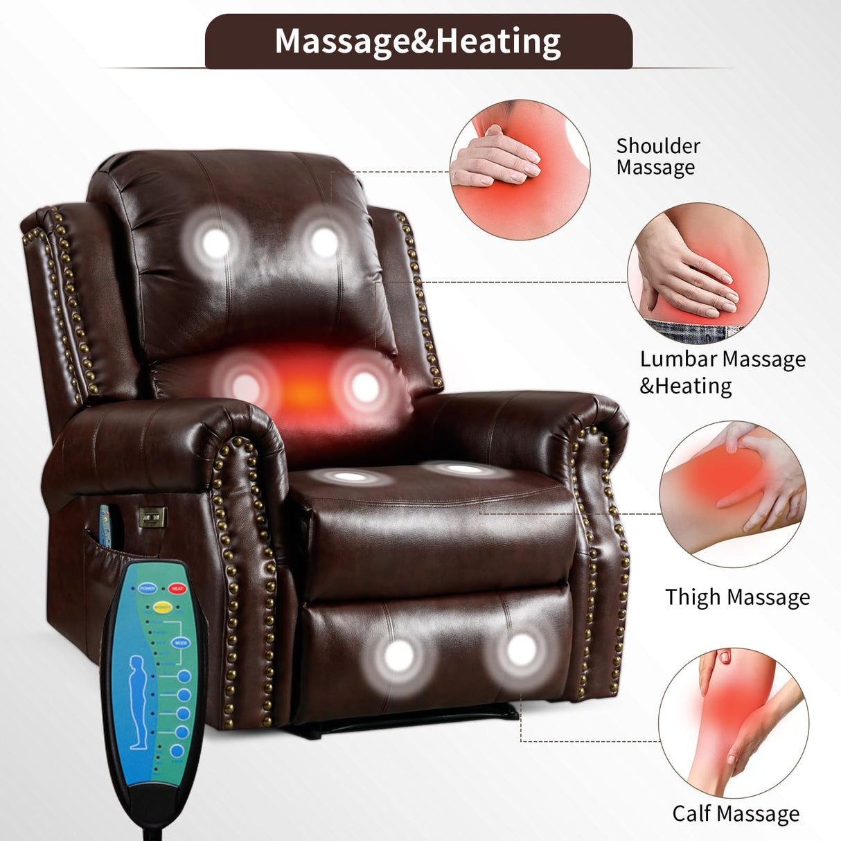 HAOMARKETS Classic Power Recliner Chair with Massage and Heat, Breathable Faux Leather Electric Recliner with USB Port, Overstuffed Reclining Sofa with Rivets for Living Room HAOMARKETS