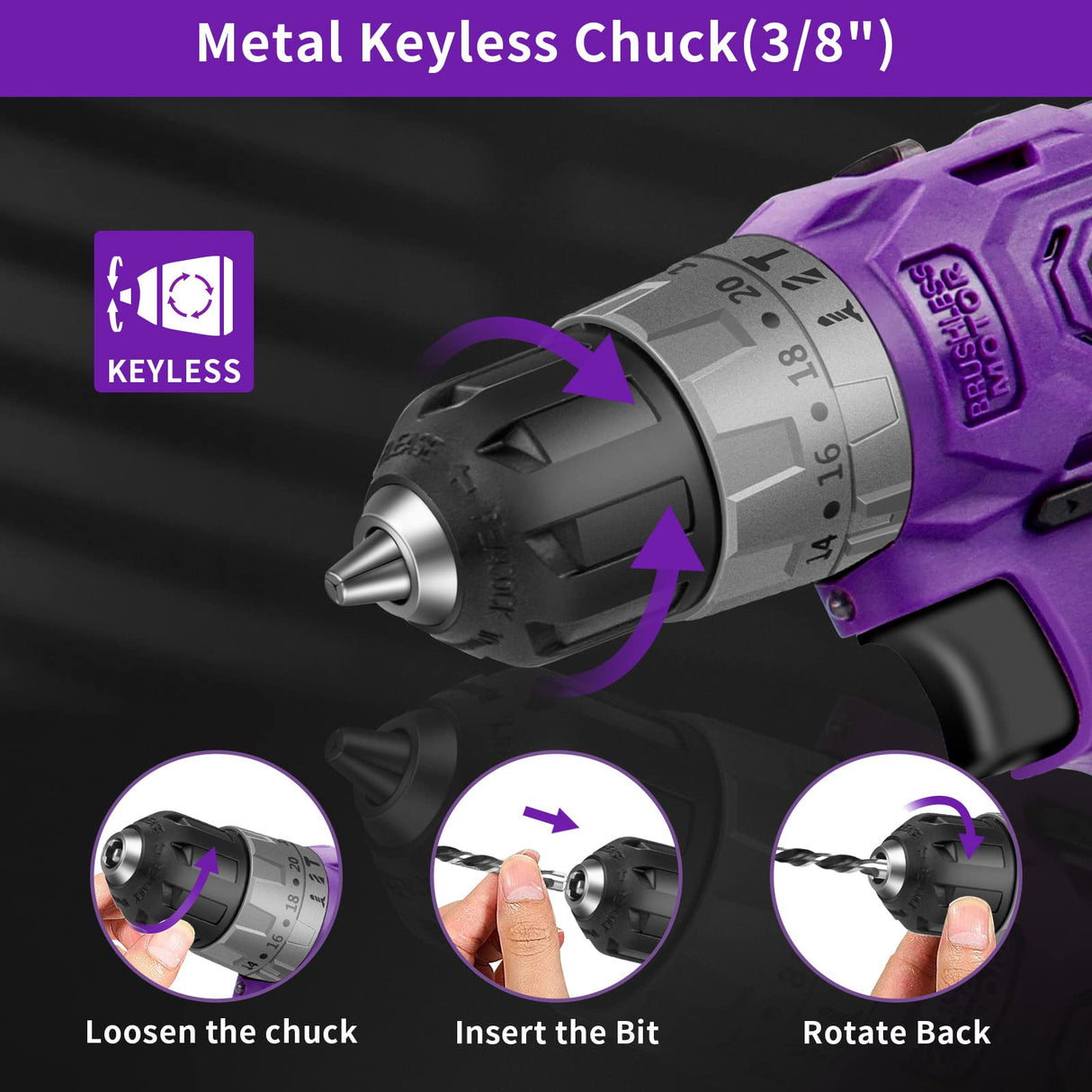 Brushless Cordless Drill Set, 20V Compact Power Drill Driver, Purple Brushless Electric Drill Motor, 20+3 Torque Setting, 48 N.m, 2 Variable Speed, 23pcs Drill/Driver Bits, with Tool Box BURGARDEN