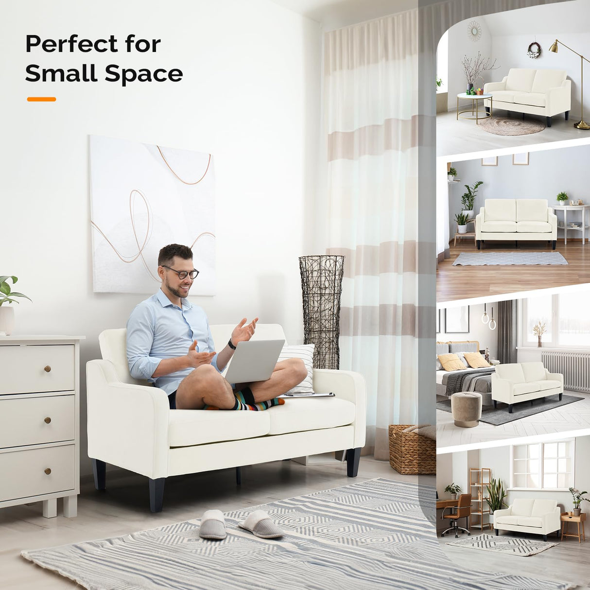 VINGLI Loveseat Mid-Century Modern Loveseat Sofa Couch 53" Wide 2 Seater Sofa Couch Love Seat with Scooped Armrest for Small Spaces, Living Room, Dorm, Bedroom, Apartment (Creamy White) VINGLI