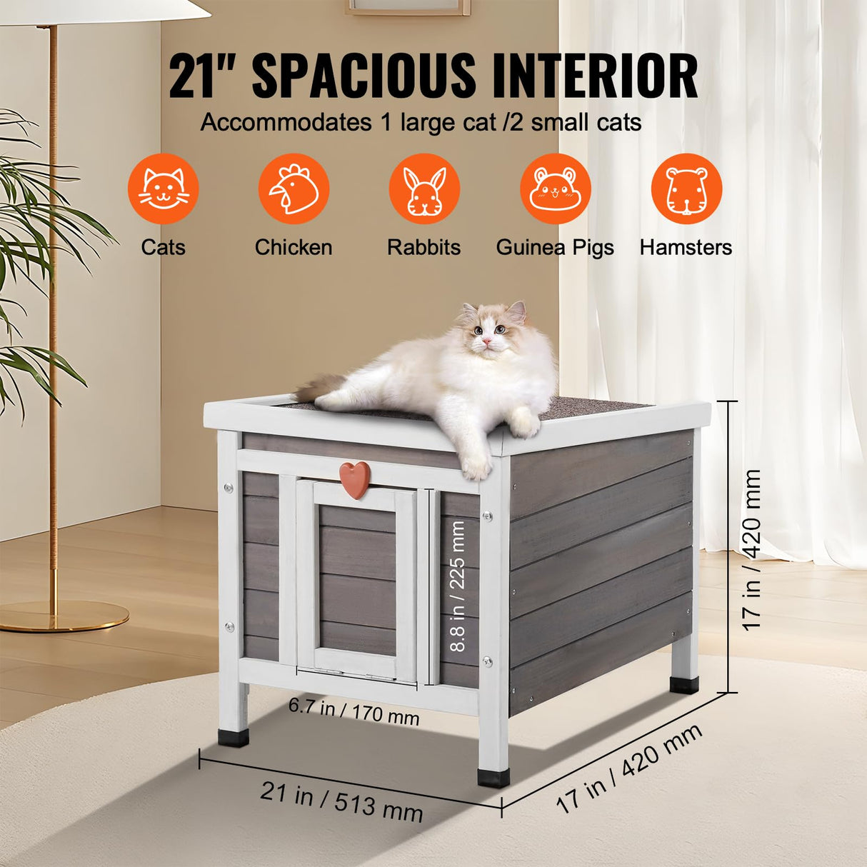 VEVOR Outdoor Cat House Weatherproof, Feral Cat Shelter for Multiple Cats, Outdoor Wooden Cat Rabbit House with PVC Door Flaps and Open Roof, 21" L x 17" W x 17" H VEVOR