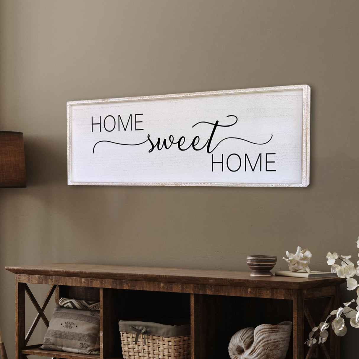 Home Sweet Home Sign Wall Decor 32”X12” Master Family Room Above Bed Beautiful Living Room Above Couch Sign Large Rustic Farmhouse Wood Framed Entryway Hanging Wall Art Decoration (White) Surfapans