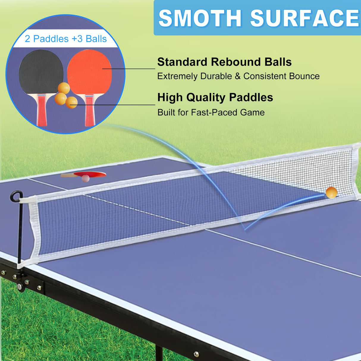 BOSTANA 108'' x 60'' x 30'' Table Tennis Table, Foldable Ping Pong Table with 1 Net 2 Paddles 3 Balls, Outdoor Table Tennis Table Single Player Playback Mode for Indoor Outdoor Game BOSTANA