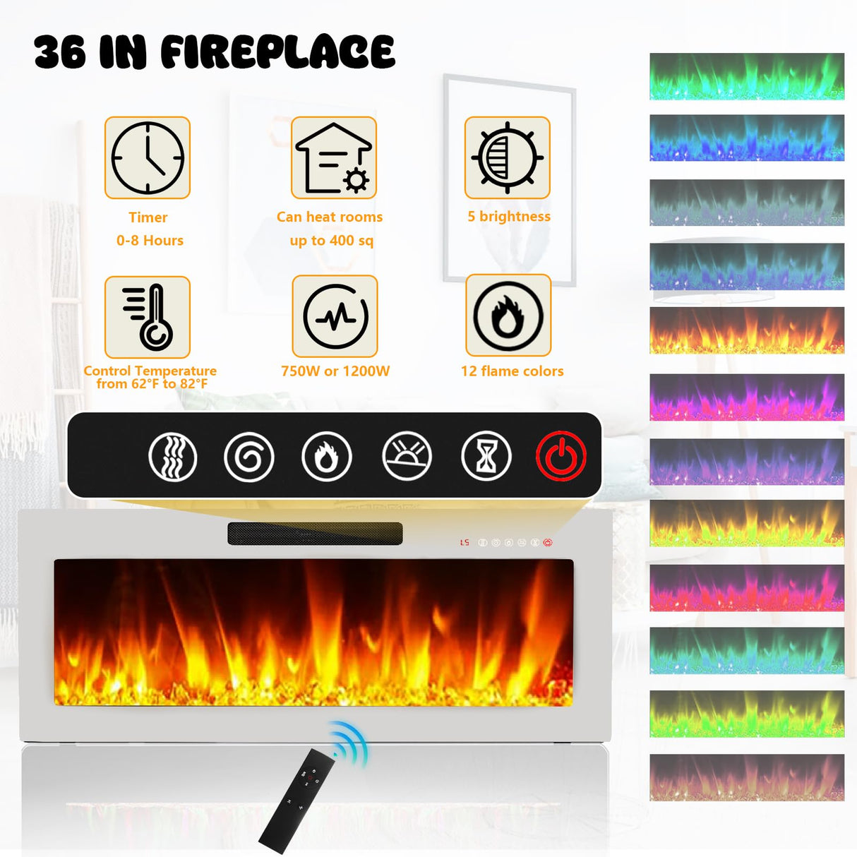 LEMBERI Floating Fireplace TV Stand 70'' Wall Mounted Shelf, LED Light Entertainment Center and Storage, Modern Wood Media TV Console with Highlight (White with White Fireplace) LEMBERI