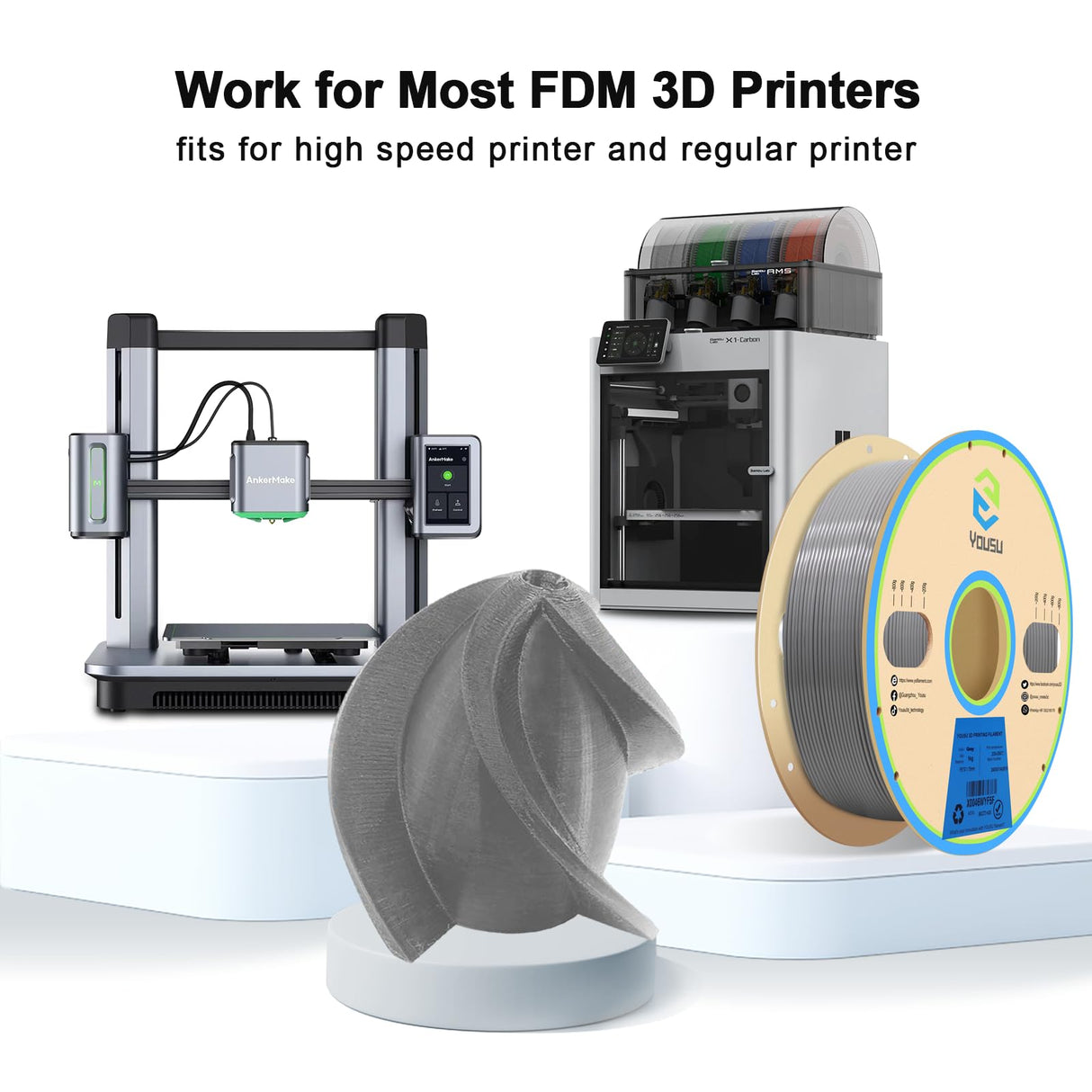 YOUSU PETG 3D Printer Filament 1.75mm Gray 1KG(2.2lbs), Better Physical Strength and Layer Bonding Performance 3D Printing Filament,Dimensional Accuracy +/- 0.02mm,Fits for Most FDM 3D Printers Yousu