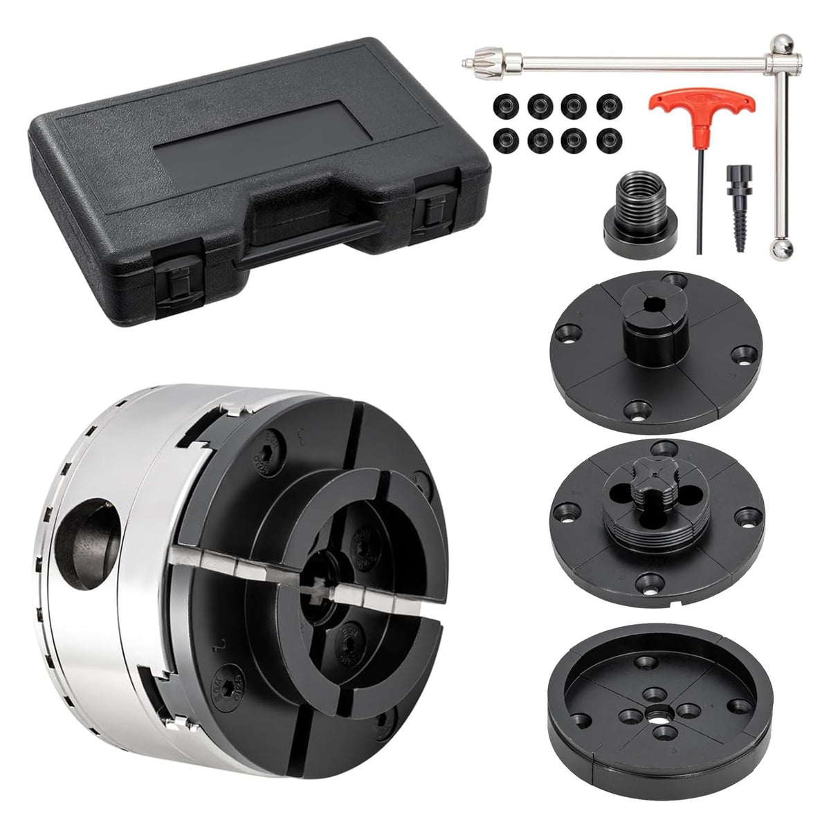 CXRCY 4Inch Lathe Chuck Set for Woodworking, 4-Jaw Self-Centering Wood Lathe Chuck Set with1"x8TPI Thread & 1"x8TPI Adapter & Case (4PCS Jaws) CXRCY