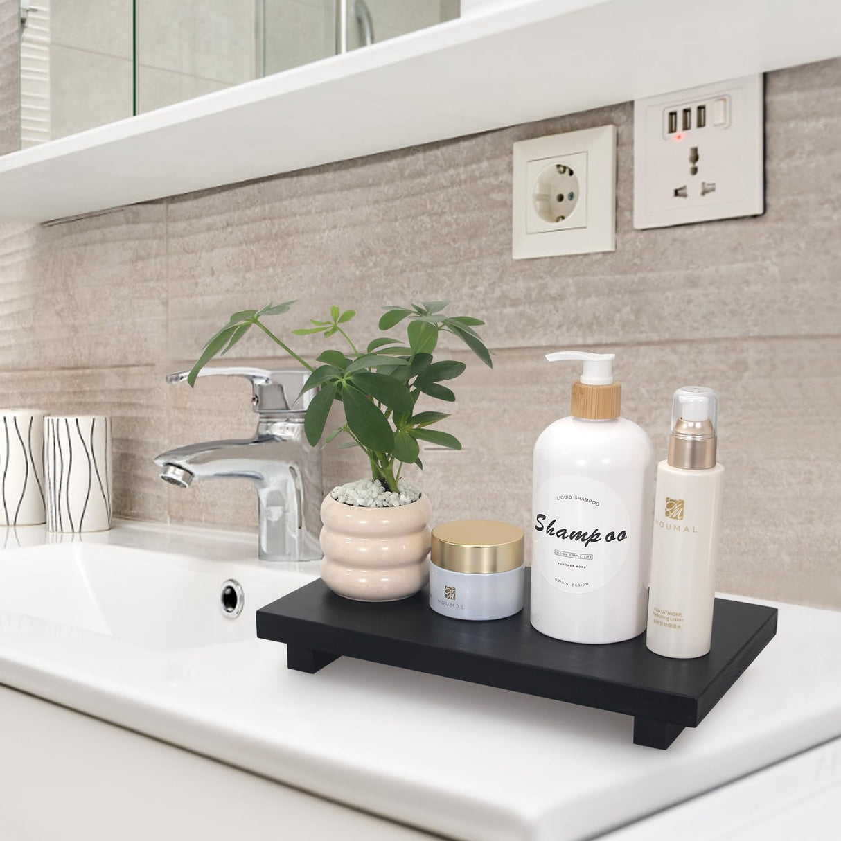 Farmhouse Black Bathroom Tray Organizer Wooden Dish Soap Dispenser Tray Kitchen Sink Tray for Bathroom Counter Decor Wood Riser Pedestal Stand Decorative Bathroom Vanity Accessories Soap Holder Tray Ayiaren