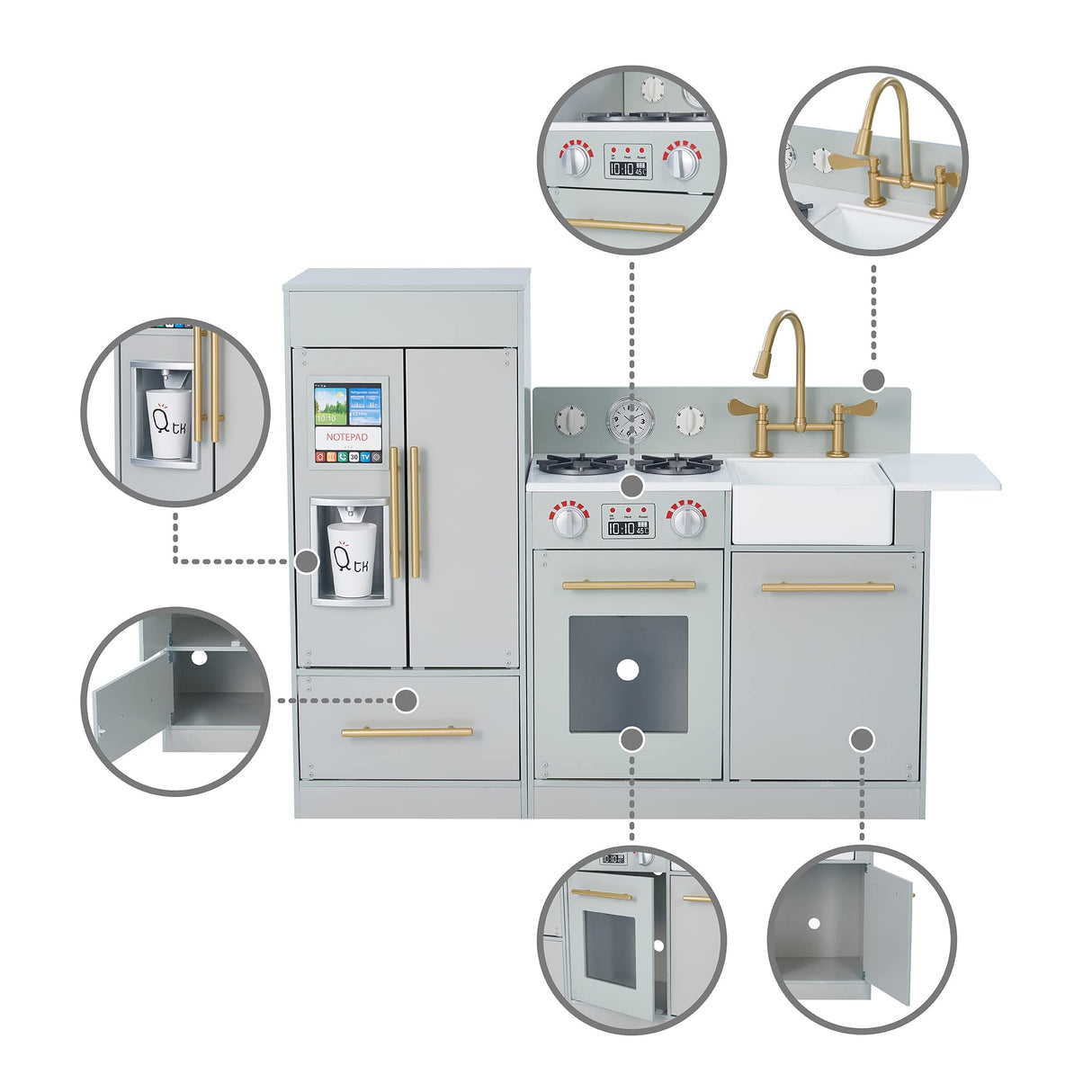 Teamson Kids Little Chef Charlotte Modern Modular Interactive Wooden Play Kitchen with Refrigerator, Stove and Sink in Gray with Gold Accents Teamson Kids