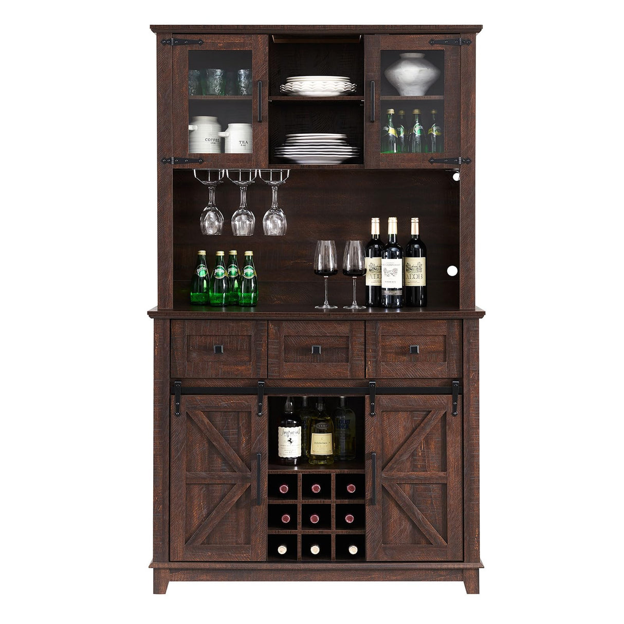 AMERLIFE 72'' Coffee Wine Bar Cabinet with Sliding Barn Door, Farmhouse Kitchen Sideboard, Buffet Storage Table, Wine Glass Racks, 3 Drawers, LED Lights, Tall Hutch Home Bar for Dining Room Brown AMERLIFE