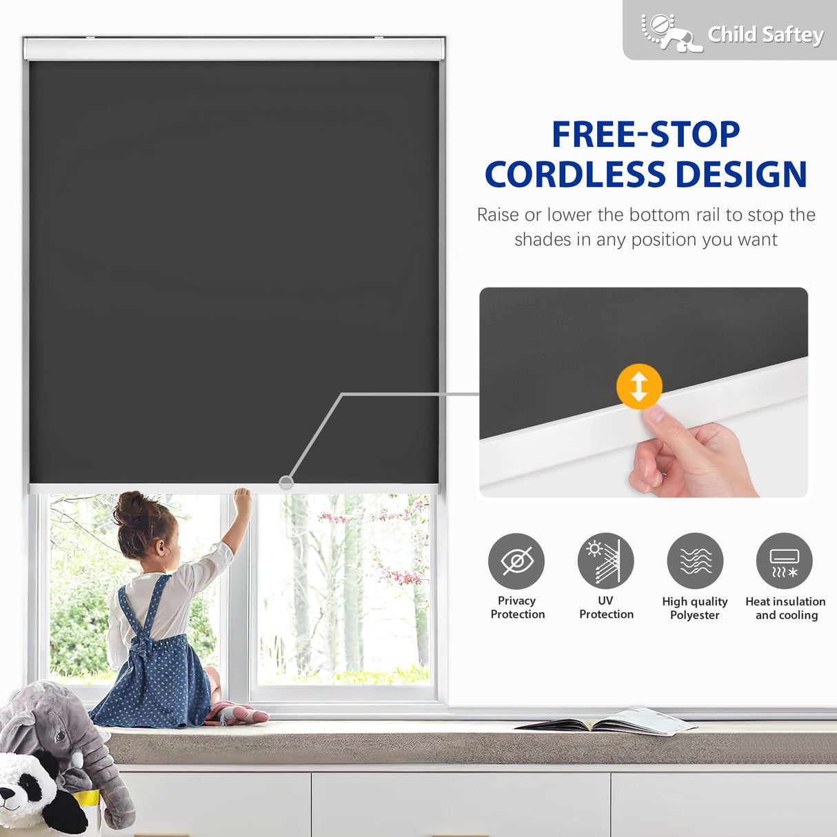 LazBlinds Cordless Roller Shades, Free-Stop Blackout Roller Blinds with Cassette Valance, Thermal Insulated UV Protection Waterproof, Roll Up Blinds for Windows, 30'' W x 72'' H, Black LazBlinds