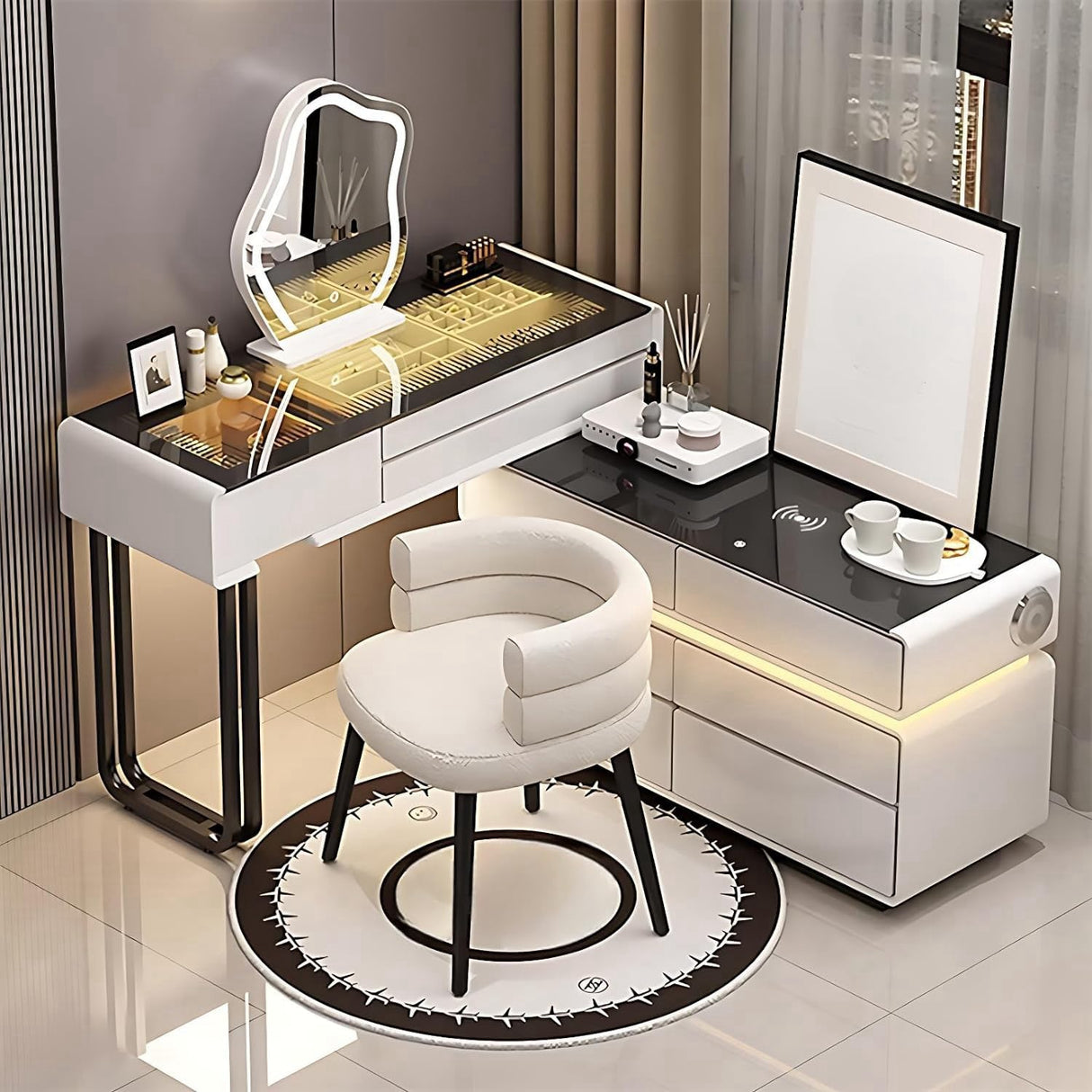 BLOVARI Luxury Makeup Vanity Table with Drawers, Wireless Charging Station & Speaker, Solid Wood Vanity Desk with LED Smart Makeup Mirror for Bedroom 48" BLOVARI