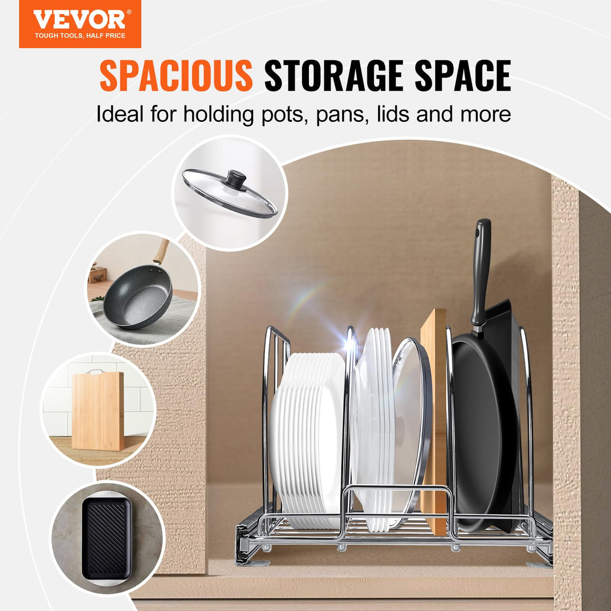 VEVOR Pan and Pot Rack, Expandable Pull Out Under Cabinet Organizer, Cookie Sheet Baking Pans tray Organization, Adjustable Wire Dividers, Steel Lid Holder for Kitchen Cabinet & Pantry Storage, 11.7"W VEVOR