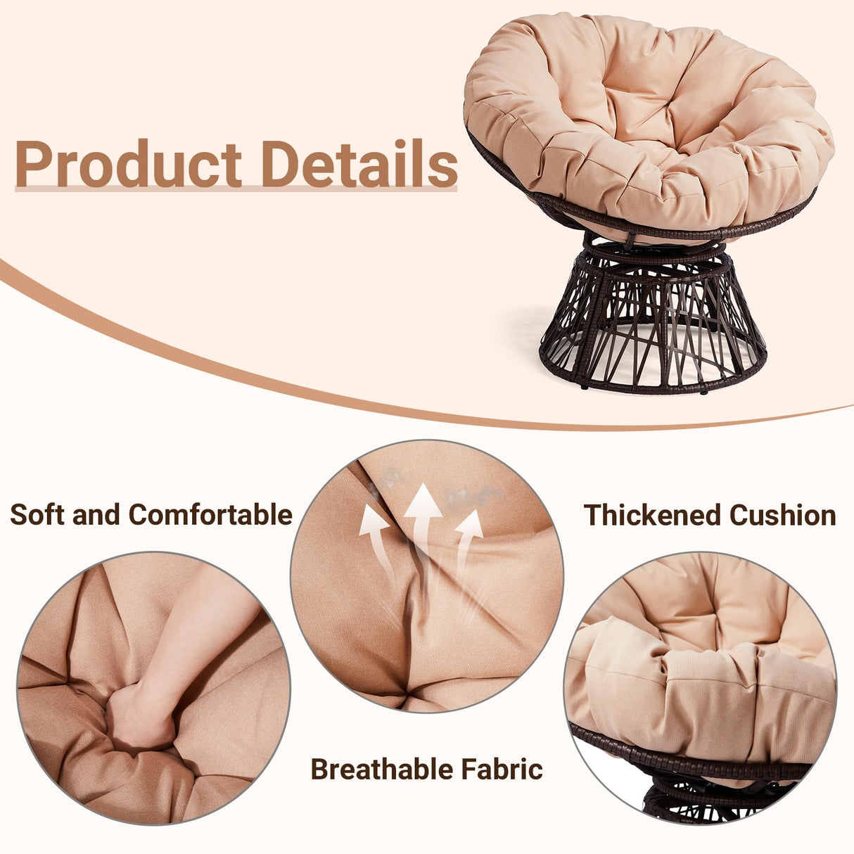 VINGLI 38” Outdoor Wicker Papasan Chair with Cushion, 360-Degree Swivel Egg Chair Patio Papasan Chairs Lounge Chair for Balcony, Yard, Porch (Brown) VINGLI