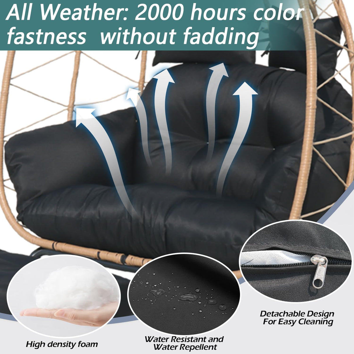Nevsokio Double Wicker Outdoor Egg Chair,Lounge Chair with Ottoman,Oversized Patio Chair with Footrests,Cushions, Outdoor Indoor Rattan Chair (Rope, Black) Nevsokio
