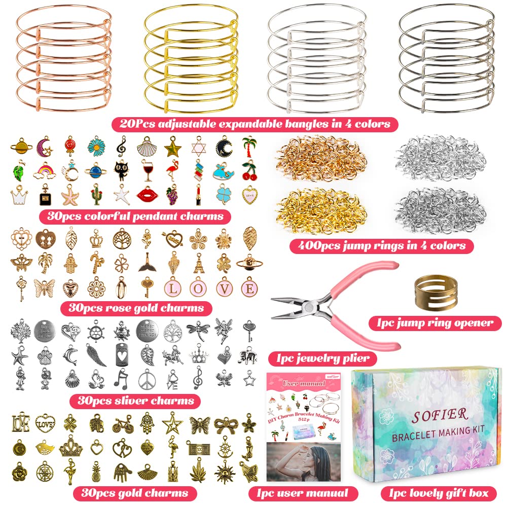 Sofier 542pcs Bangle Bracelet Making Kit DIY Jewelry Making Kit and Supplies Expandable Charm Bracelets Pendants Plier Set Toy Art Craft Gift for Girl Teen Women Adult Sofier