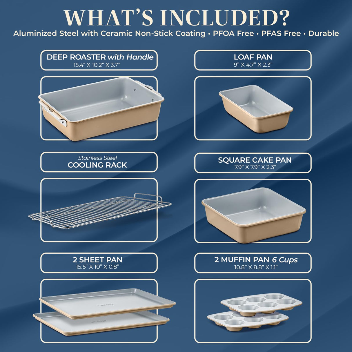 Bakken 8-Piece Stackable Bakeware Set – Ceramic Non-Stick, Oven-Safe Baking Sheets & Pans, PTFE/PFOA/PFOS-Free, Ergonomic Handles, Includes Cooling Rack – Healthy, Non-Toxic Baking Essentials BAKKENMASTER