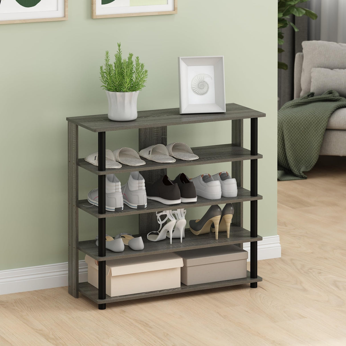 Furinno Turn-N-Tube 5 Tier Wide Shoe Rack, French Oak Grey/Black , 32 Inch Furinno