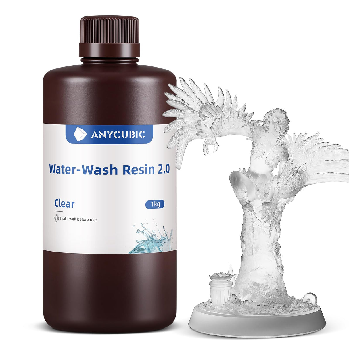 ANYCUBIC 3D Printer Resin, Water Washable Resin 2.0, No Need Extra Alcohol and Easy to Clean, Fast Curing, Low Odor, Wide Compatibility for All LCD Resin 3D Printers (Clear, 1kg) ANYCUBIC