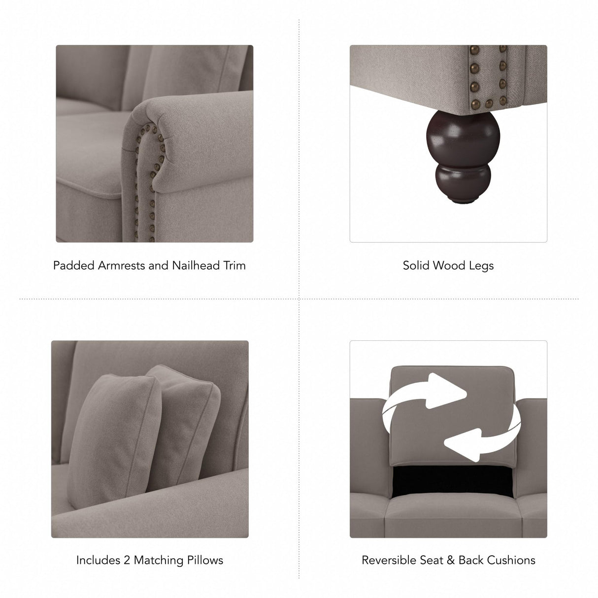 Bush Furniture 73 Inch Living Room Sofa, Pet-Friendly Couch with Fabric Upholstery and Nailhead Trim, Traditional, Coventry Collection, Beige Herringbone Bush Furniture