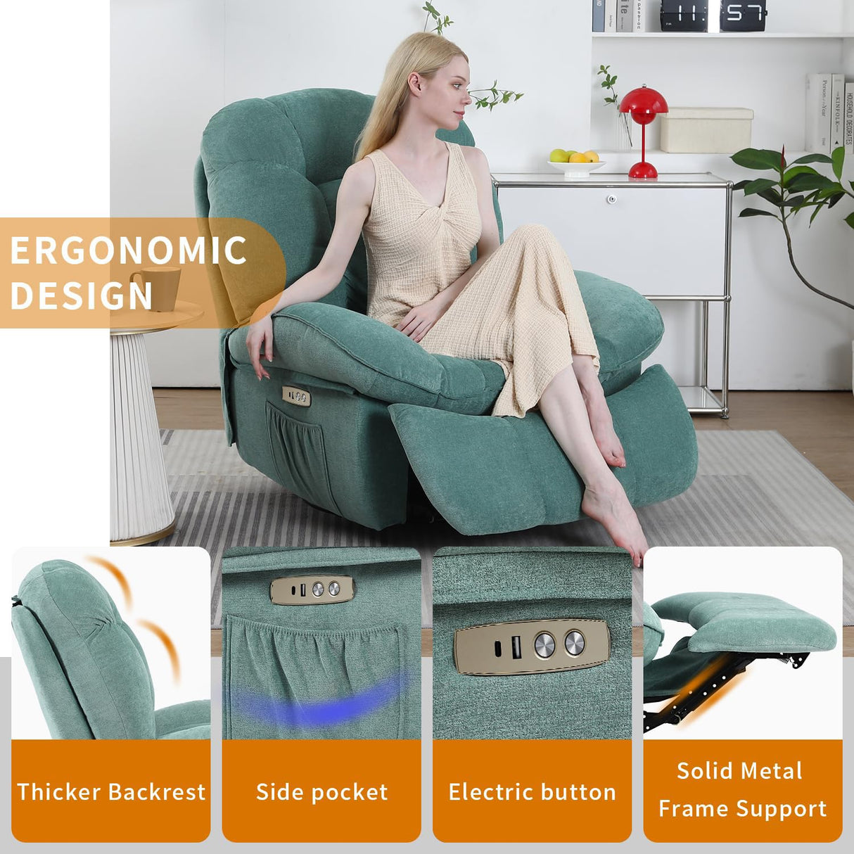EDWELL Green Power Recliner Chair, Massage Rocker Recliner Chairs for Adults with Heated, Oversized Rocker Swivel Chairs for Living Room, Comfy Nursery Rocking Chairs with USB-C Ports and Side Pocket EDWELL