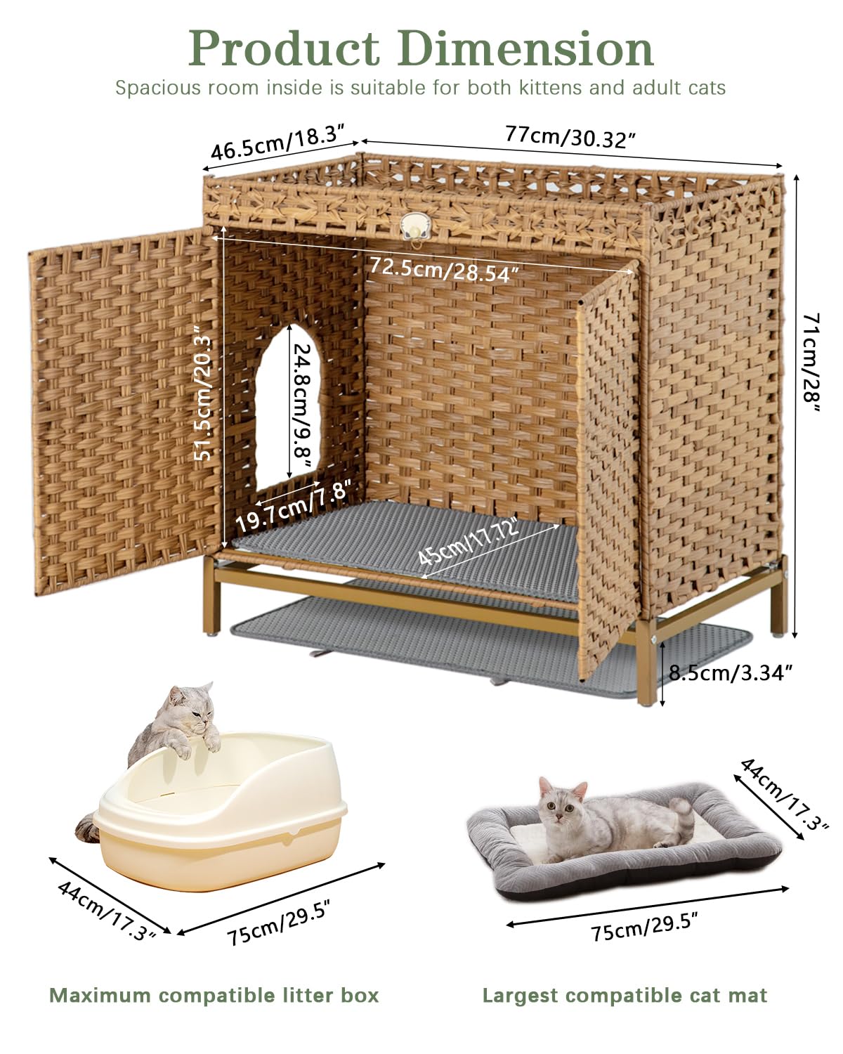 SETVSON Cat Litter Box Enclosure, Hidden Litter Box Furniture with Cat Litter Mat, Large Hidden Cat Litter Box Furniture, Handwoven Rattan Cat House with Metal Heightened Feet 30.3×18.3×28 Inches SETVSON