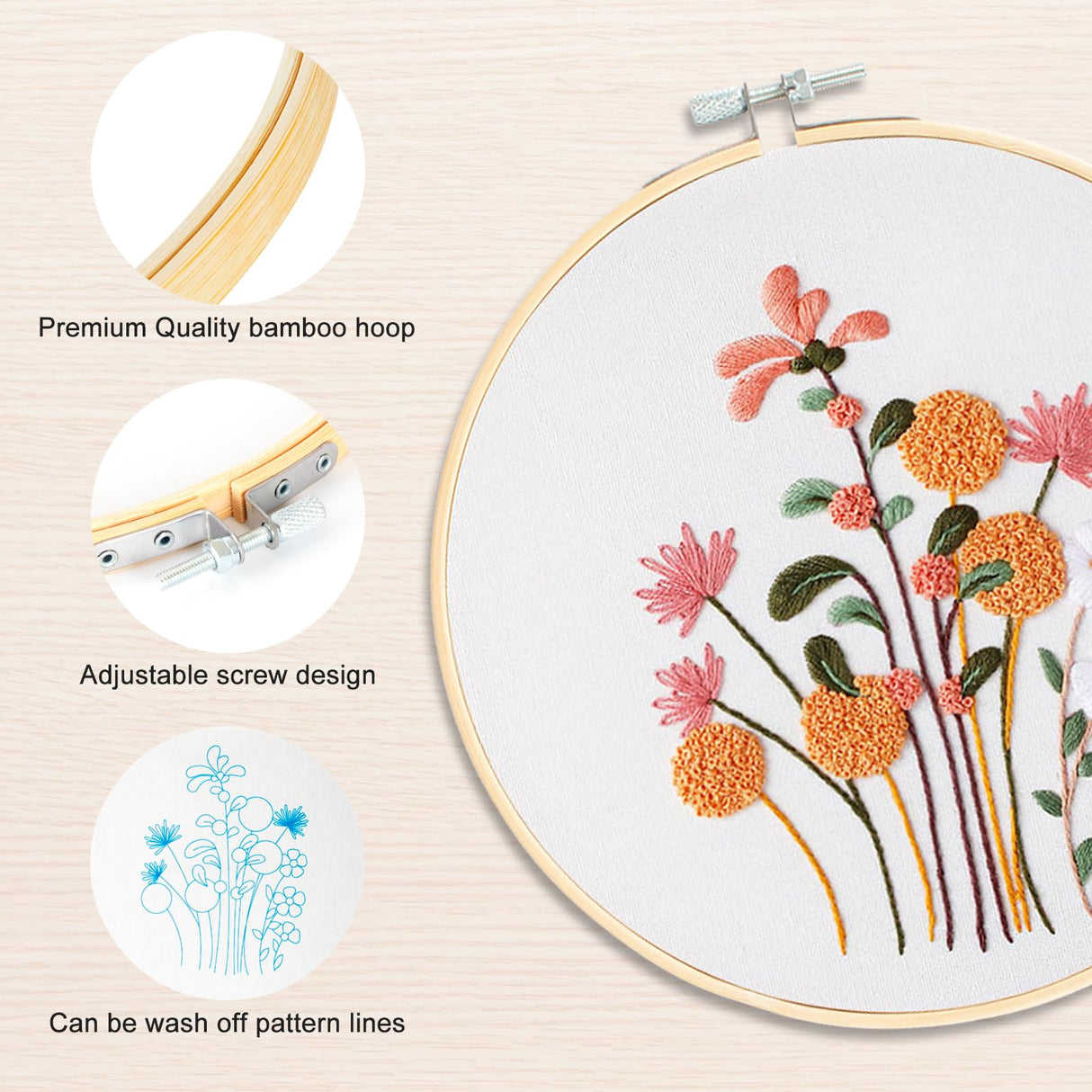 6 Sets Embroidery Kit for Beginners to Learn 28 Basic Embroidery Cross Stitch Practice Kit,DIY Hand Embroidery Kits Includes Stamped Flower Pattern, Hoop, Color Threads,Tools KintKita
