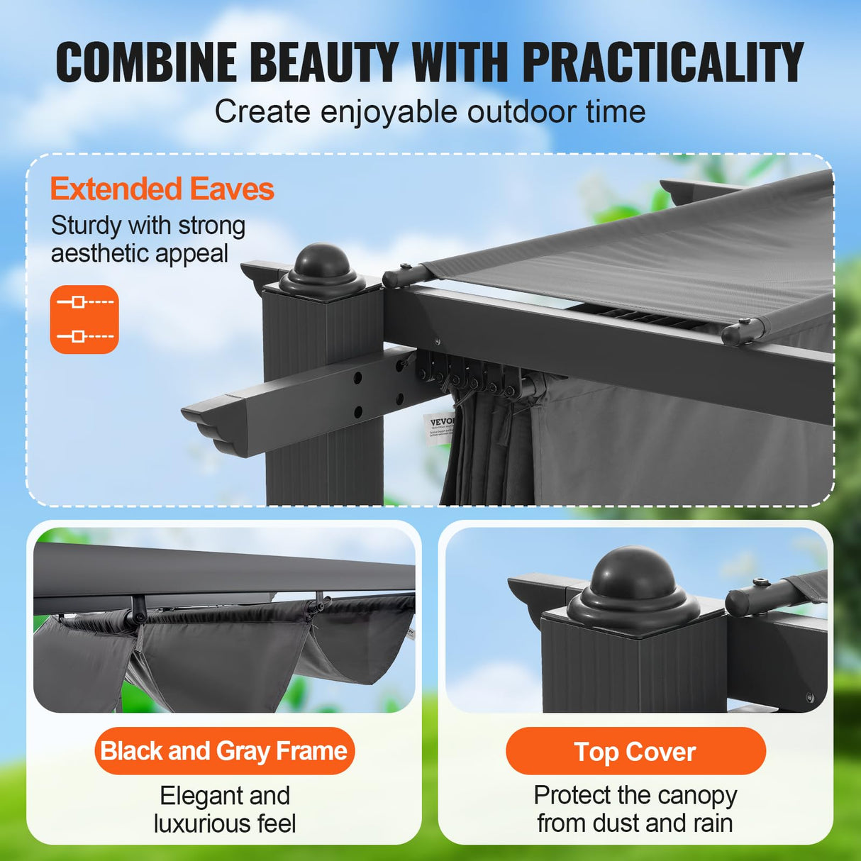 VEVOR 10'x10' Outdoor Retractable Pergola with Canopy, Aluminum Pergola with Retractable Canopy, Modern Pergola with Sun Shade Canopy for Patios, Gardens, Decks, Backyards (Gray) VEVOR