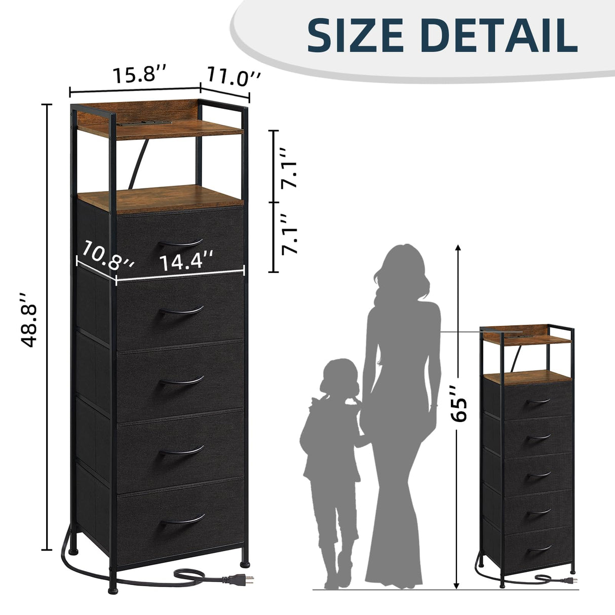 Somdot Black Nightstand with Charging Station and LED Light for Bedroom, Tall 5 Drawers Dresser with Fabric Bins for Bedside Kids Dorm Room Closet Laundry Entryway, Black Rustic Brown Somdot